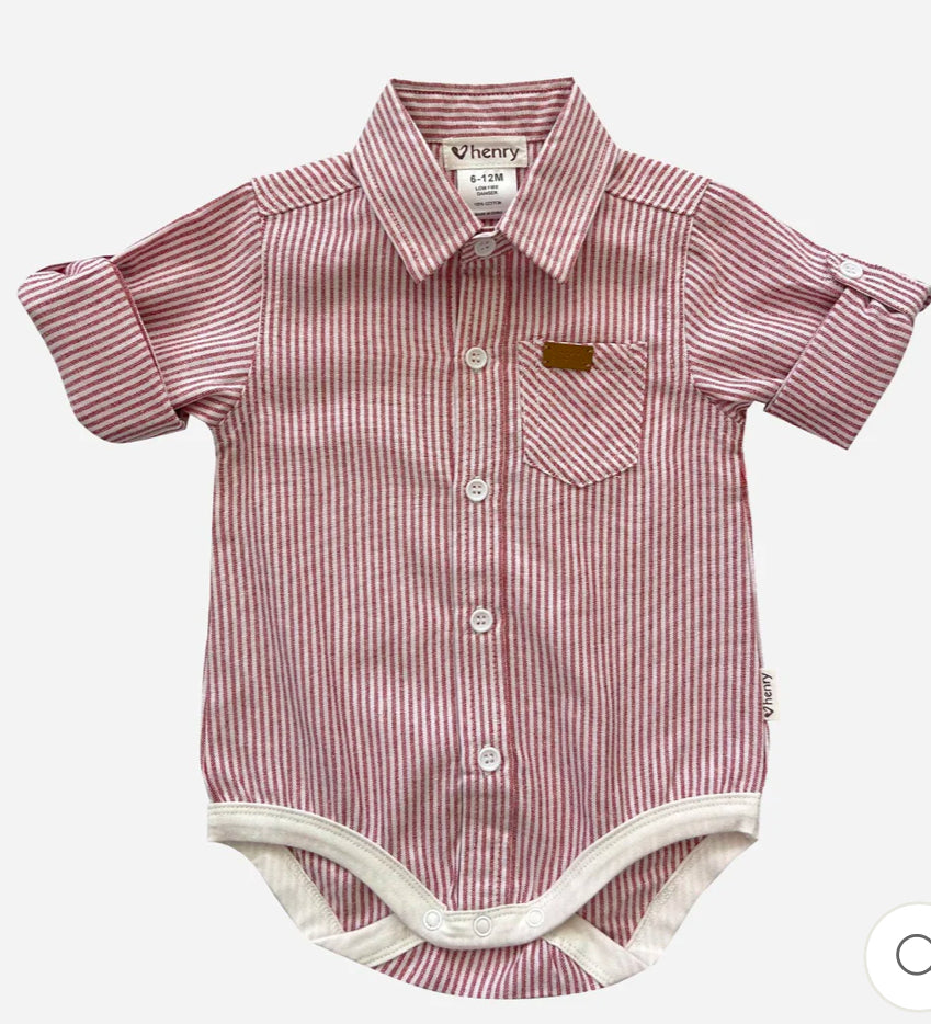 Dress Shirt Romper - Red Pinstripe