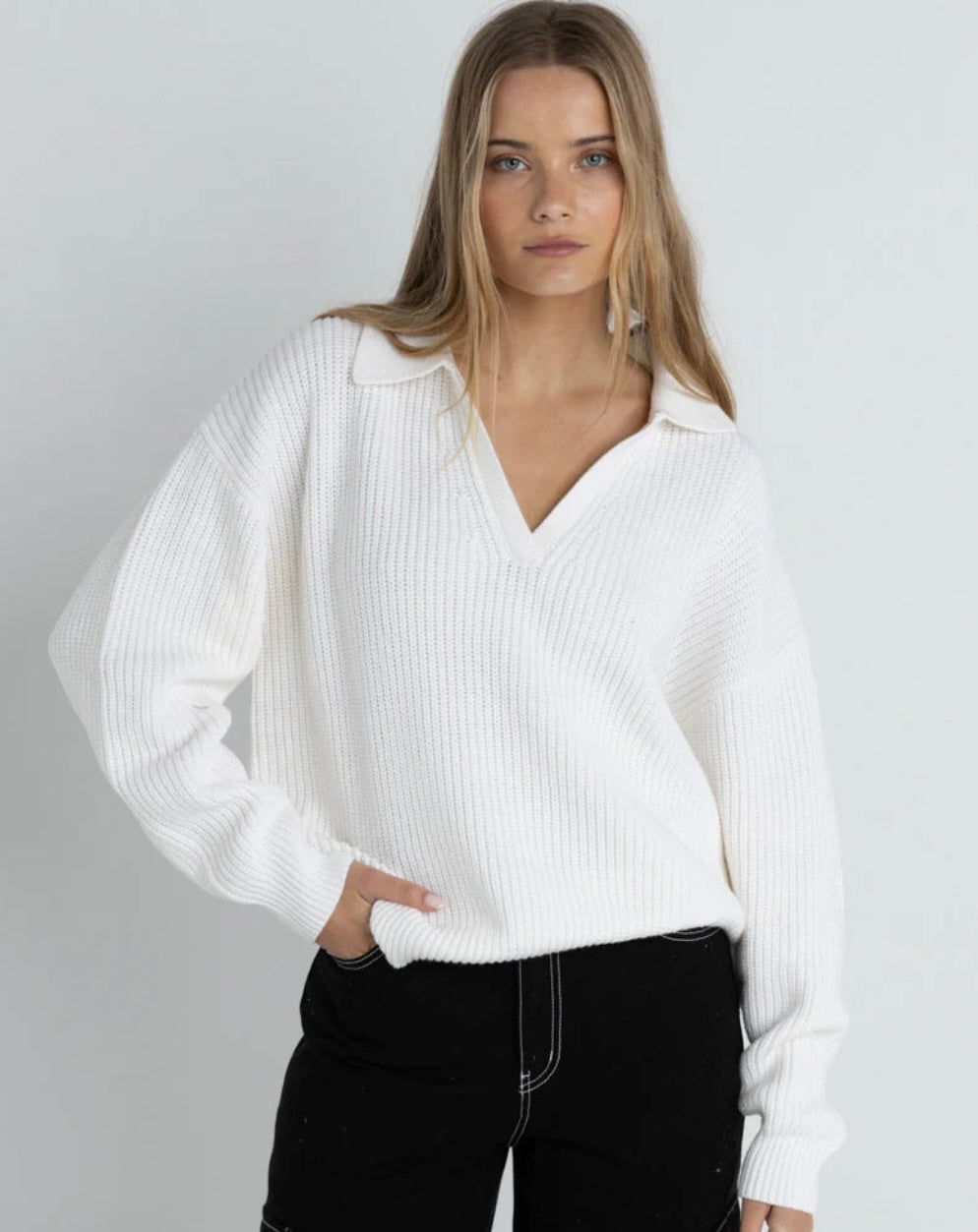 Muse V-Neck Collared Jumper - White