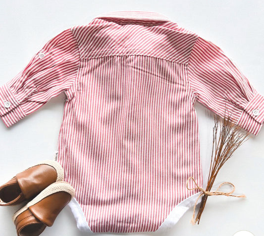 Dress Shirt Romper - Red Pinstripe