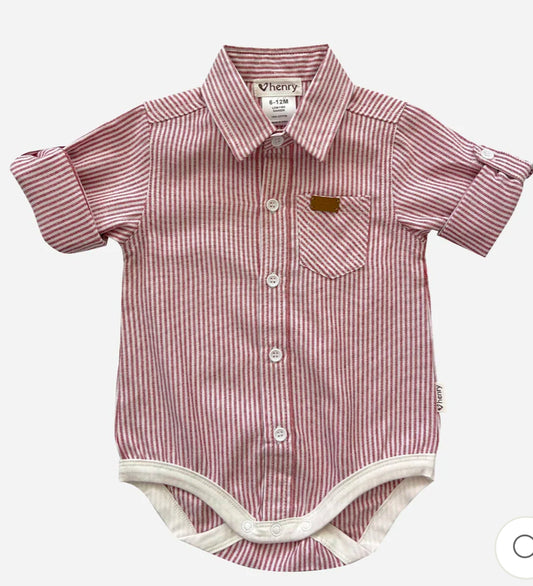 Dress Shirt Romper - Red Pinstripe